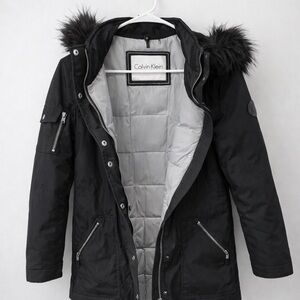 Calvin Klein Black Coat with Faux Fur Trim - New Condition